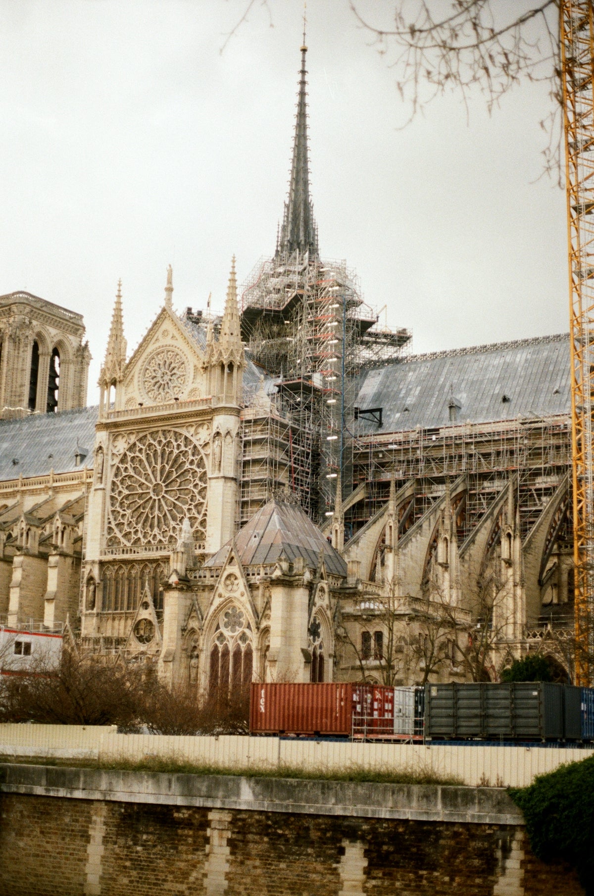 Notre dame cathedral undergoes restoration efforts.